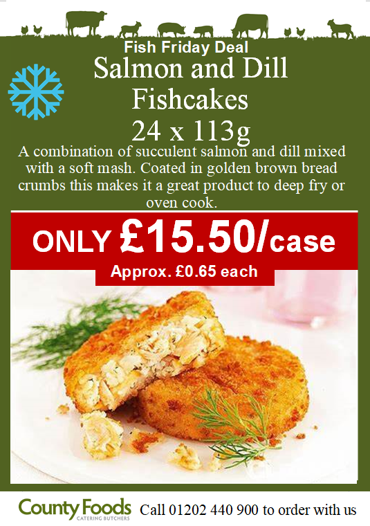 FISH FRIDAY IS BACK!🐟

Grab these tasty Salmon and Dill Fishcakes which are ONLY approx. £0.65 each! 

To ORDER now call 01202 440 900 or sales@countyfoods.co.uk