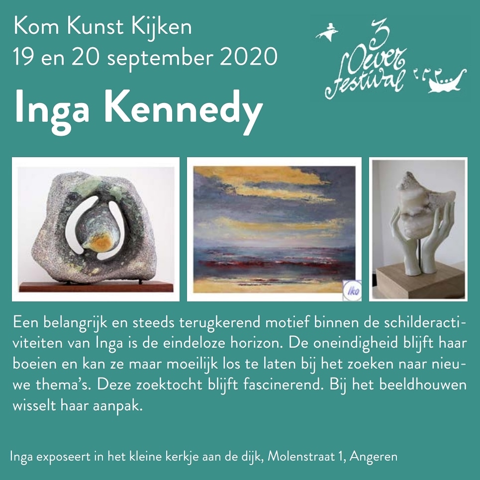 Kom Kunst Kijken bij Inga Kennedy tijdens de 3 Oever Atelier Route van het 3 Oever Festival. Zij exposeert 19 en 20 september in t kleine kerkje aan de dijk in Angeren. #3oeverfestival #3oeveratelierroute #doesdelen #agendatip 3oeverfestival.nl