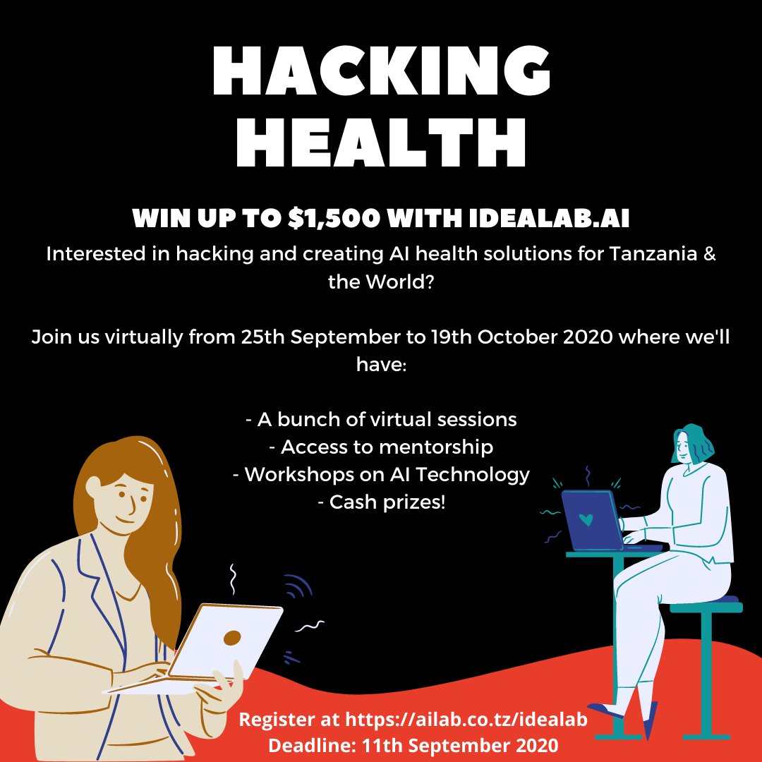 aicommunitytz's tweet photo. Have you signed up for the #IdeaLabTz Hackathon? Only 2 Days Left!
Total Prize basket of USD 3,000/= to create #AI solutions for local Health Challenges
Apply:
As a team: https://t.co/wh0Z7l2Fde
As an individual: https://t.co/BP2PGV2VMN
#AI4Good #IdeaLabTz #TanzanAILab https://t.co/6flHIm60eK