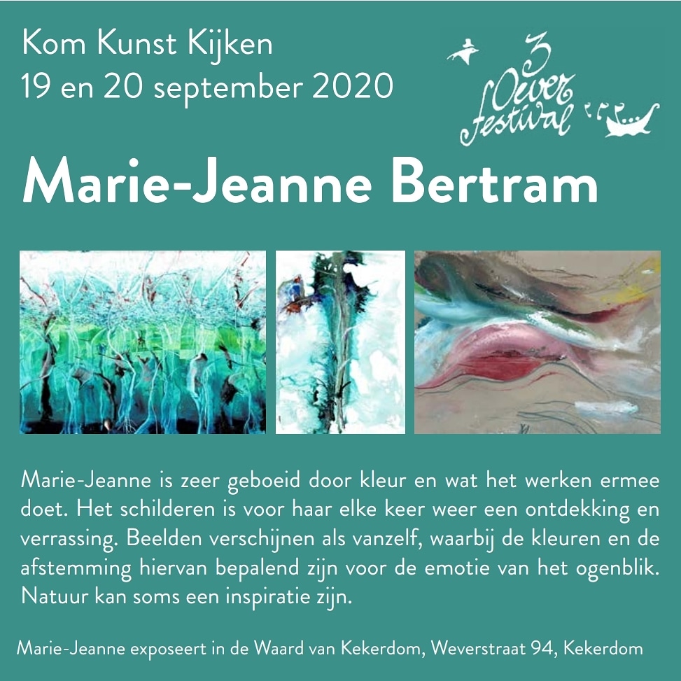 Kom Kunst Kijken bij Marie-Jeanne Bertram tijdens de 3 Oever Atelier Route van het 3 Oever Festival. Zij exposeert 19 en 20 september in de Waard van Kekerdom. #3oeverfestival #3oeveratelierroute #doesdelen #agendatip 3oeverfestival.nl