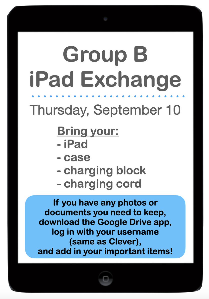 Group B: tomorrow (Thursday) is your iPad exchange day.
1st - 5th graders will exchange their 5th generation iPads and chargers for BRAND NEW 7th generation iPads and chargers!
(Don't worry Group A - your day will be Mon., Sept. 21!) <a href="/JenniferWarden5/">Jennifer Warden</a> @RES_halexander @SarahCole518