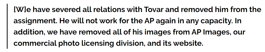 7/ Here's another case from the Associated Press cutting ties with a photographer, and removing all his images from their library, for the crime of editing out his own shadow from an image. https://www.popphoto.com/news/2011/07/ap-photographer-fired-editing-photo/