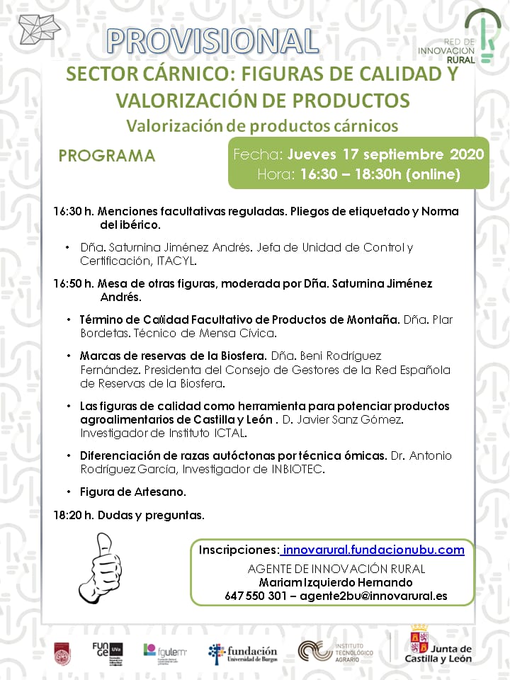 Del 16 al 17 de septiembre se celebra la jornada de formación online "Sector Cárnico: Figuras de calidad y valorización de productos" 💻

Roberto Da Silva representará a la #IGPMorcilladeBurgos en la mesa "Figuras de calidad en productos cárnicos"

<a href="/ITACYL/">Innovación agroalimentaria - JCyL</a> <a href="/FundacionUBU/">Fundación UBU</a>