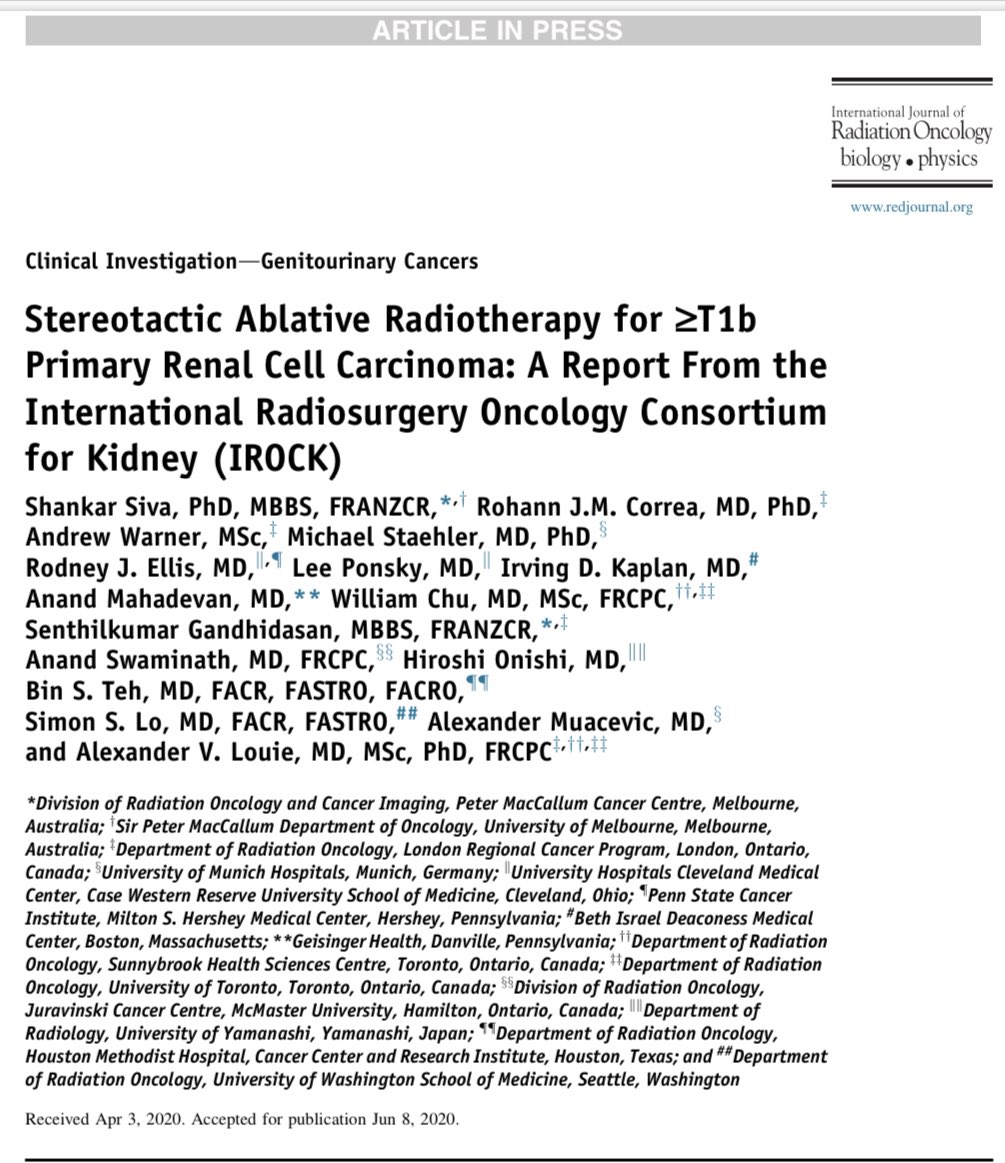 IROCK rocks! Our new red journal paper shows that SRS/SABR is a viable option even in large renal cell carcinoma. @MichaelStaehler @_ShankarSiva  #renalcellcancer   #radiosurgery #rcc #cyberknife @Accuray