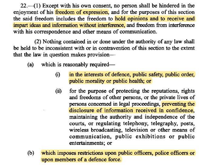 12. In fact, in the first draft of the Charter there was a carve out to freedom of expression where it concerned defence, public safety, public health etc. allowing restrictions on public officers. But this draft, shown below, was not passed.