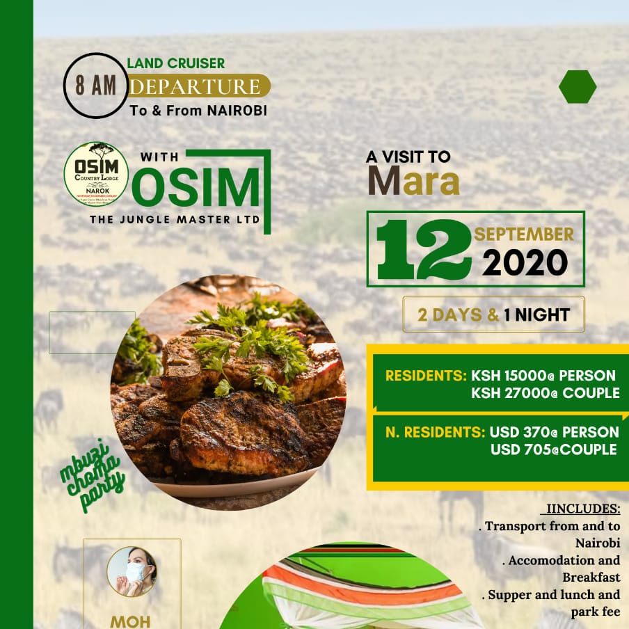 OsimTours's tweet photo. Depart Nairobi Saturday 8:00am, arrive Lodge, check-in, lunch (Mbuzi party), Bonfire Dinner, breakfast, Mara game drive, depart for Nairobi https://t.co/dc2WmiXLWZ