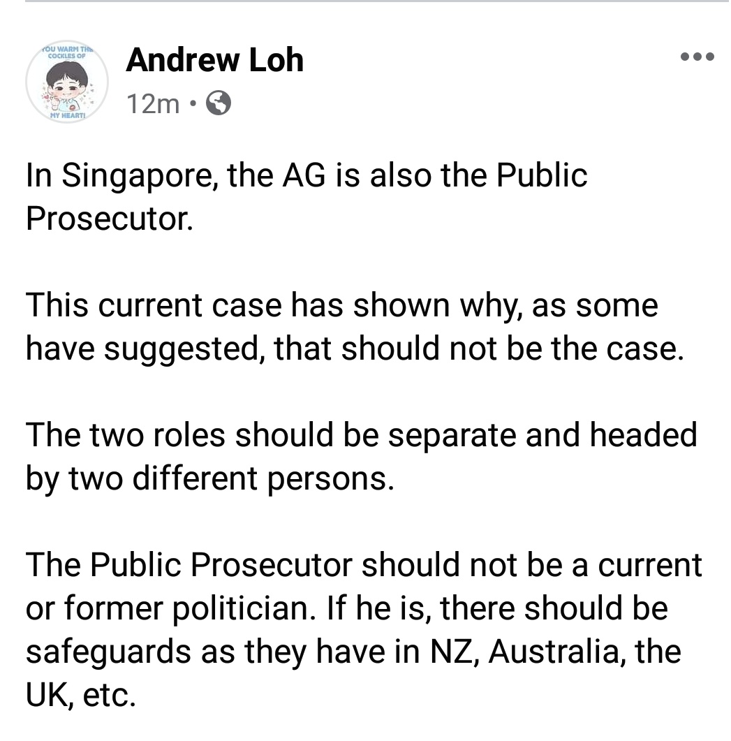 Activist Andrew Loh calls for the roles of the AGC and the Public Prosecutor to be separated and to not be held by the same person.