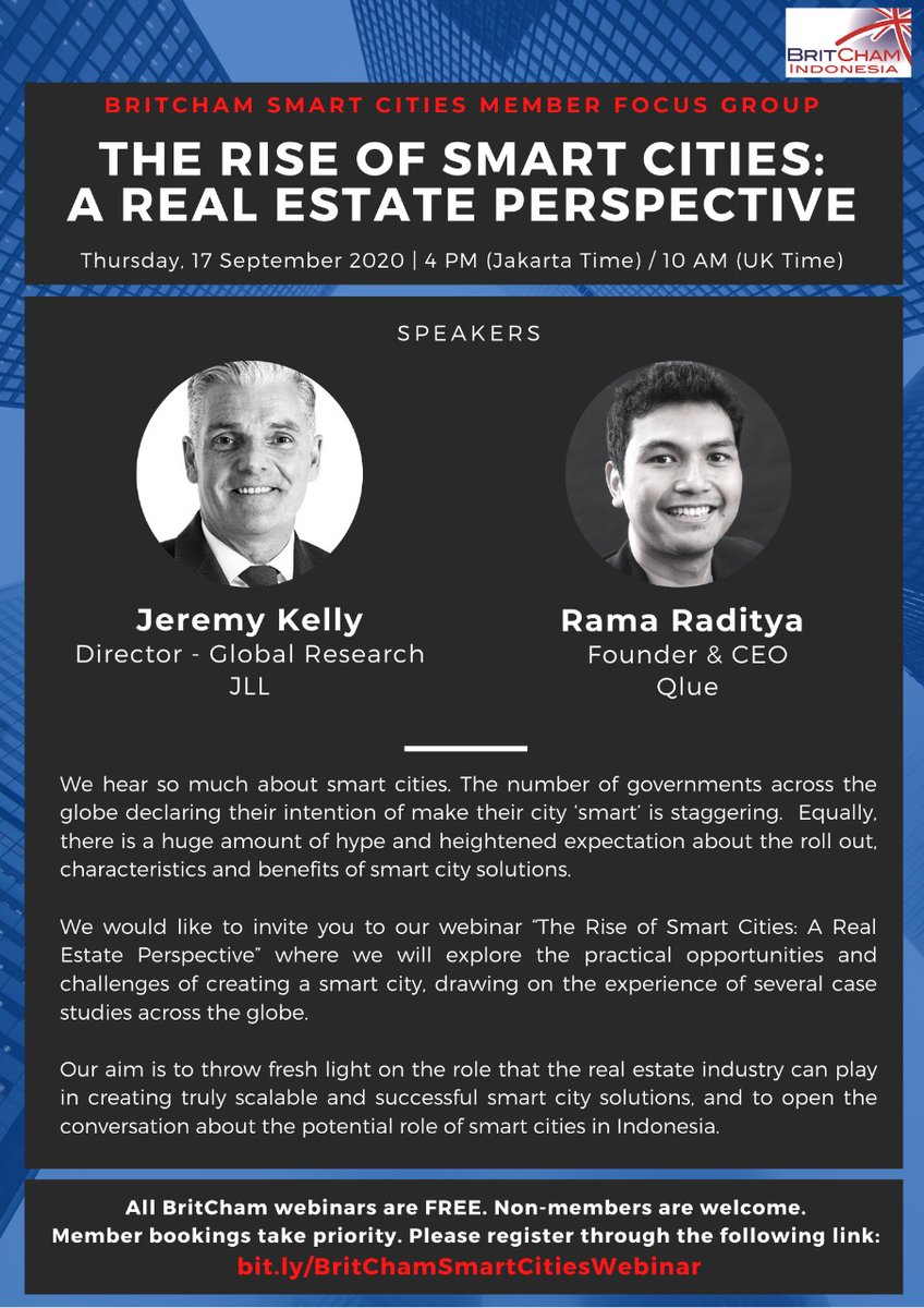 BritCham_ID's tweet photo. Join us in the #BritChamIndonesia #SmartCities Member Focus Group, where we will explore the practical opportunities and challenges of creating a smart city.
Thu, 17 Sept 2020 | 4 PM (JKT) / 10 AM (UK)
Register: https://t.co/5C41IEzpcX
#britchamwebinar #britchamevent https://t.co/s3MsL6NiH0