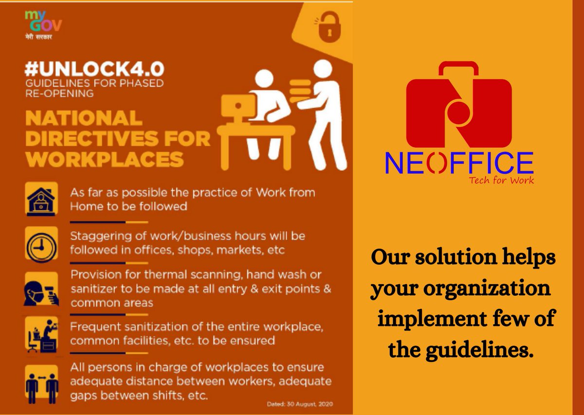 AgiledgeS's tweet photo. Looking for technology solutions to manage compliance when restarting operations?

Neoffice takes care of staggered shifts, social distancing, health updates and hand hygiene of your employees
Interested to know more how we can help you?
Write to us at hello@agiledgesolutions.com https://t.co/yuyigUk7sF