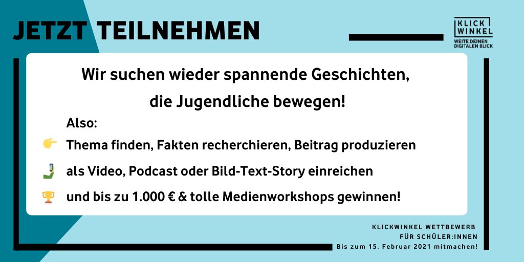 NEUE #KLICKWINKEL RUNDE! 🥳 Wir leben in bewegten Zeiten und haben unseren #Wettbewerb deshalb durch zwei neue Formate geöffnet. Coole Preise warten ebenfalls. Weitersagen! 

#JetztErstRecht

 Alle Infos ➡️ klickwinkel.de