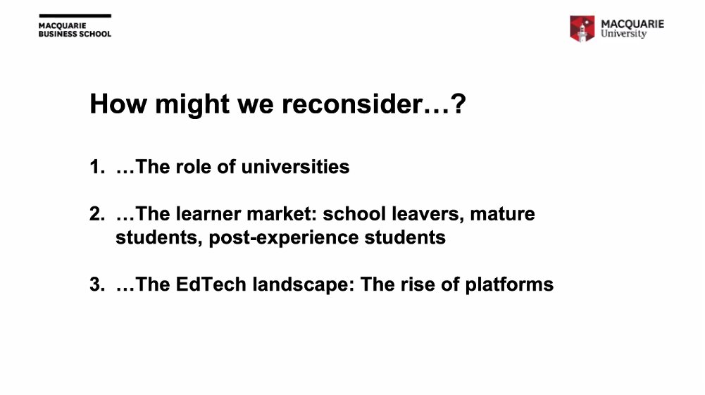 Key questions #role of university #learner market #edtech on the playing field  #qanda  #academicchatter  #highered  #edflix  #edtech  #femedtech  #platform  #innovation  #disruption  #trends  #edchat  #designforlearning  #futureoflearning  #learningfutures