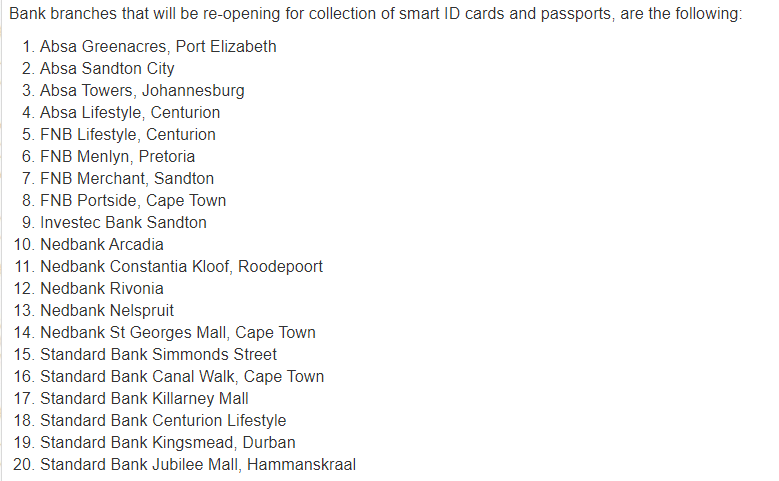 HomeAffairsSA's tweet photo. People who had applied for #SmartIDcards & #Passports before 26/3/2020 which is the lockdown’s starting date, may collect their documents from their selected bank branches. This service will only be provided on Mon, Wed, and Fri during the banks’ operating hours #CollectYourID https://t.co/luoJCXpXHA