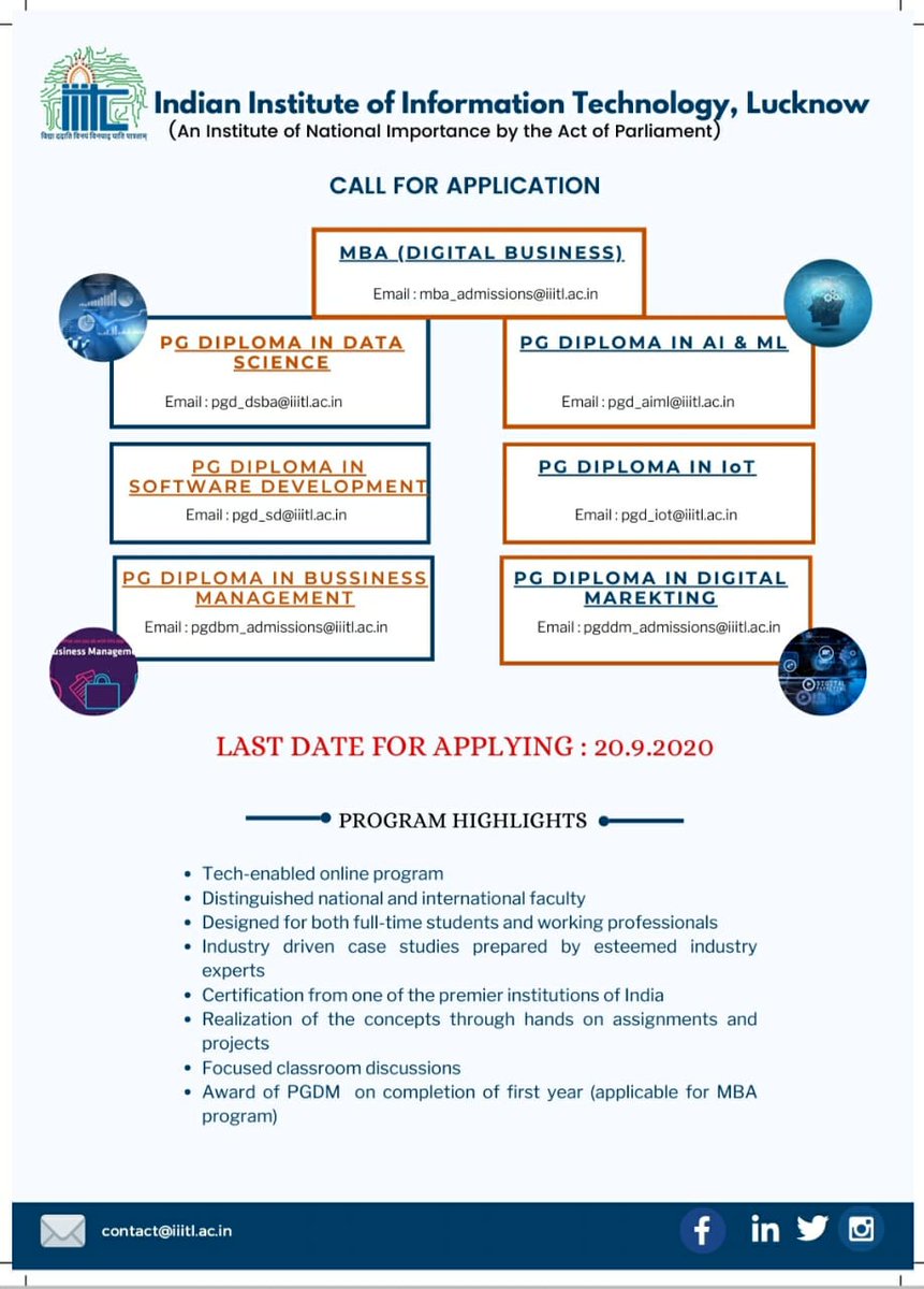 IIIT Lucknow invites application for new programs.
For more details-: iiitl.ac.in
.
.
.
#iiitlucknow 
#postgraduatediploma #mbastudents 
#managementeducation #technology
#artificialintelligenceai #marketing