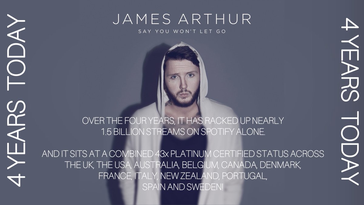 _JAShows's tweet photo. Today marks FOUR years since @JamesArthur23‘s global hit single #SayYouWontLetGo was released✨

Over the four years, it has racked up nearly 1.5 billion streams on Spotify alone and it sits at a combined 43x platinum status! 🎉 ✨ https://t.co/glSGxIlkh0