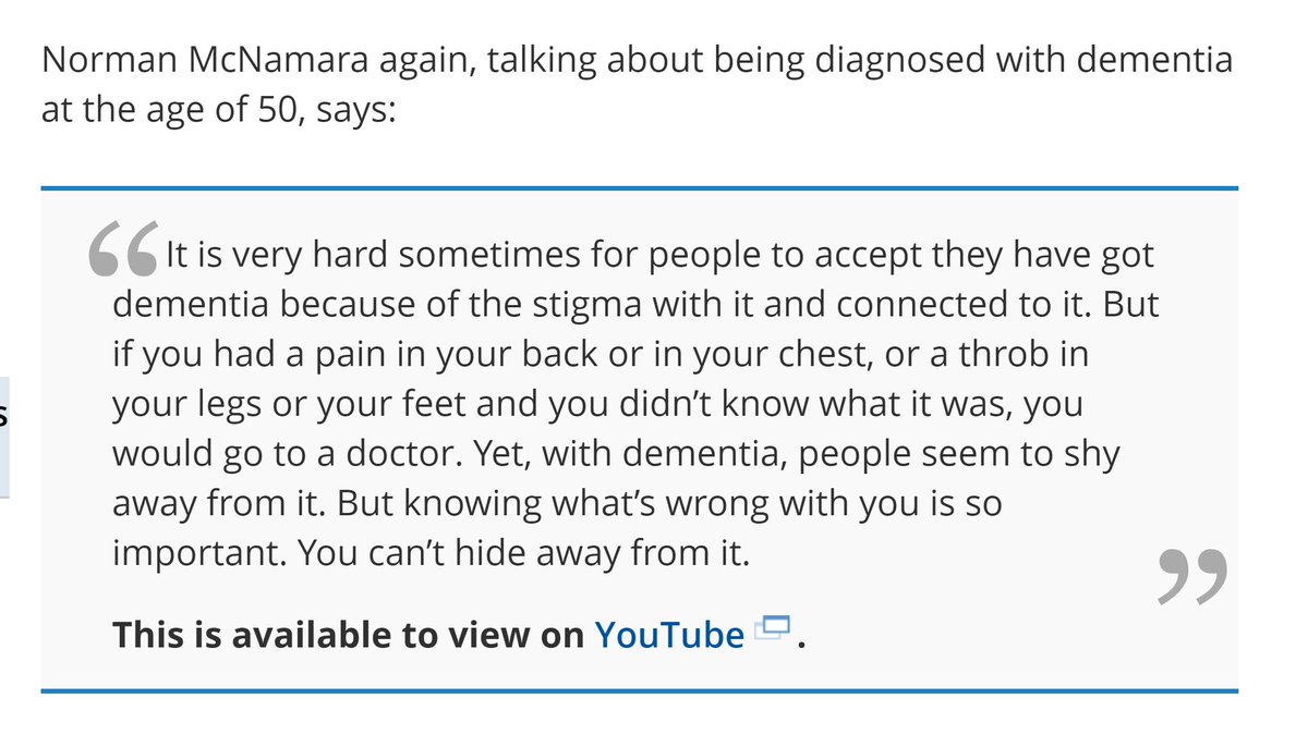 12. The benefits of an  #earlydiagnosis of  #dementia is best explained from personal experience. See the wonderful  @Norrms explain her experience here:  @rcpsychOldAge  @beatdementia  @ExeterMed