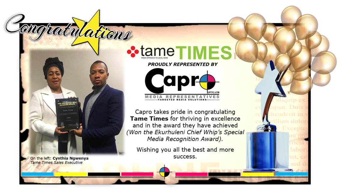 We'd like to Congratulate <a href="/tameTIMES/">tame TIMES</a>  on achieving the Ekurhuleni Chief Whip's Special Media Recognition Award. Here's to more success 🥂🥂🥂