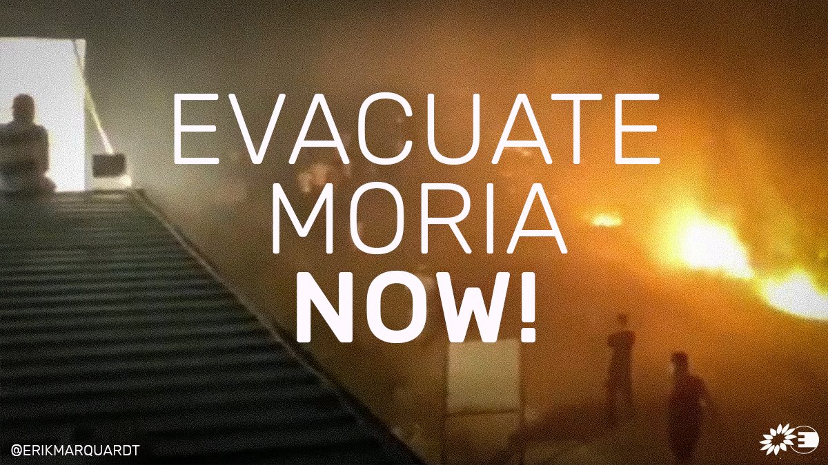 A fire destroyed the overcrowded #Moria refugee camp.

13,000 people were trapped there- over 4x the capacity of the camp.

It's time to evacuate the camp, provide accommodation &amp; relocate people to other EU countries.

EU must act urgently &amp; #LeaveNoOneBehind
 
#evacuatemorianow