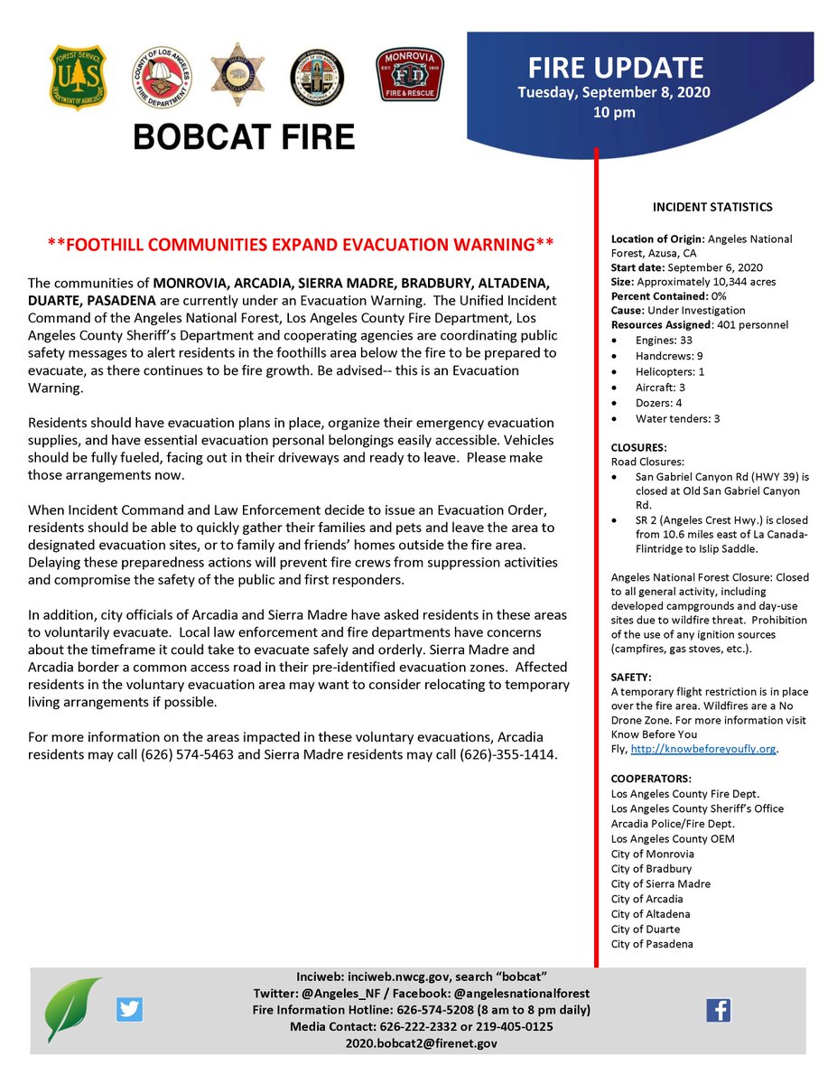 Update on #BobcatFire. Several of our @FoothillsMS Ss and families are in areas under voluntary evacuation and evacuation warnings. Please be safe. We care about each and every one of you. #ReadySetGo