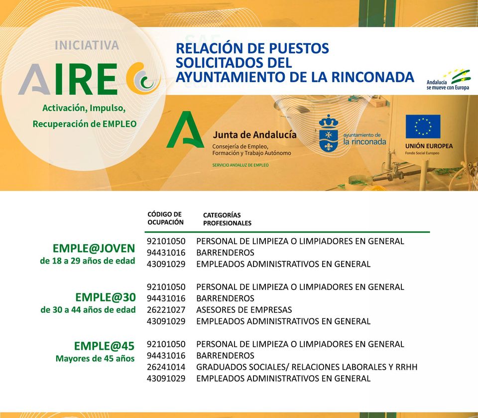 📍 Publicada la relación de las profesiones solicitadas para el Plan de #Empleo Aire de la <a href="/AndaluciaJunta/">Junta de Andalucía</a> en La Rinconada; 6⃣7⃣ contrataciones 👉🏻 bit.ly/2R70Tbd vía <a href="/LaRinconada_Web/">La Rinconada Web</a> 
📣 ¡Actualiza tu demanda de #empleo! 🖊️ 
#RinconadaEmpleo #EmpleoPúblicoSE #EmpleoSE