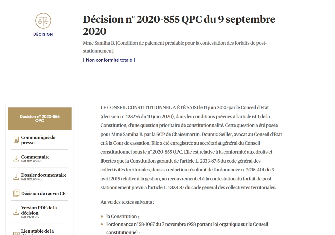Décision n° 2020-855 QPC du 9 septembre 2020, Mme Samiha B. [Condition de paiement préalable pour la contestation des forfaits de post-stationnement] Non conformité totale ow.ly/QLXG50BlF5K