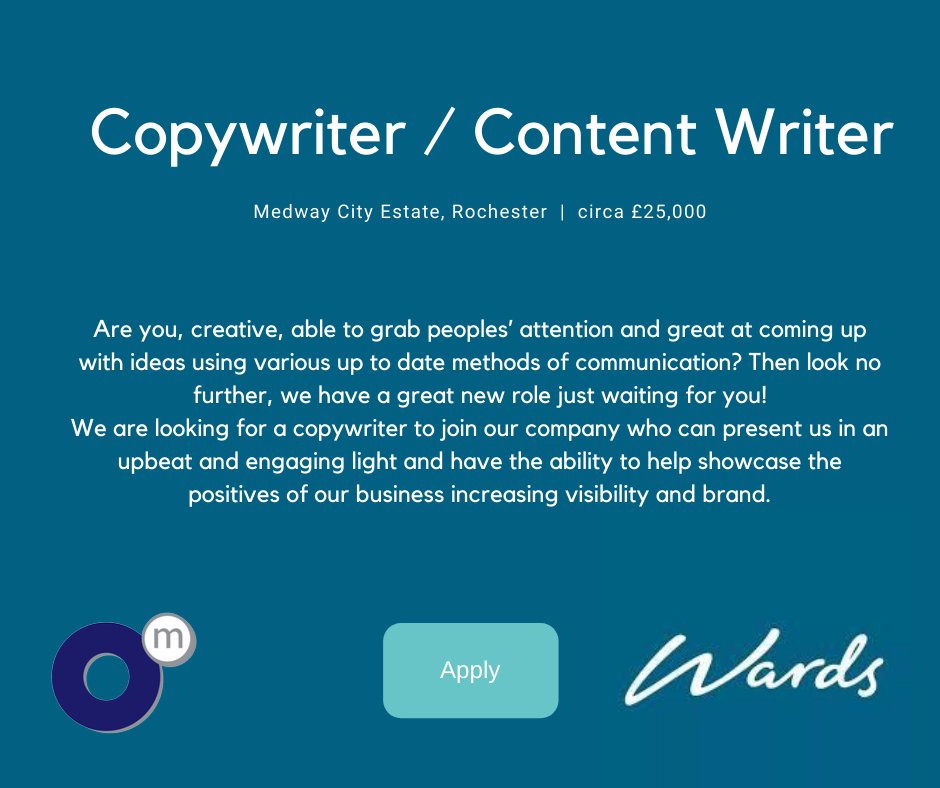onlymarketing's tweet photo. LAST CHANCE: Are you, creative, able to grab peoples’ attention and great at coming up with ideas? @ArunEstates are looking for a Copywriter / Content Writer based in Rochester. Find out more: https://t.co/A4RWGS9wMd

#contentjobs #marketingjobs #rochesterjobs https://t.co/ULYLUYnLVq