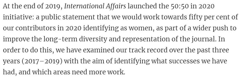 As part of our  #5050in2020 initiative, this week we have published a report looking at the gender balance of contributors to  @IAJournal_CH outputs from 2017 to 2019. Read it here:  https://doi.org/10.1093/ia/iiaa146 Here's what we found... (Thread 1/10)