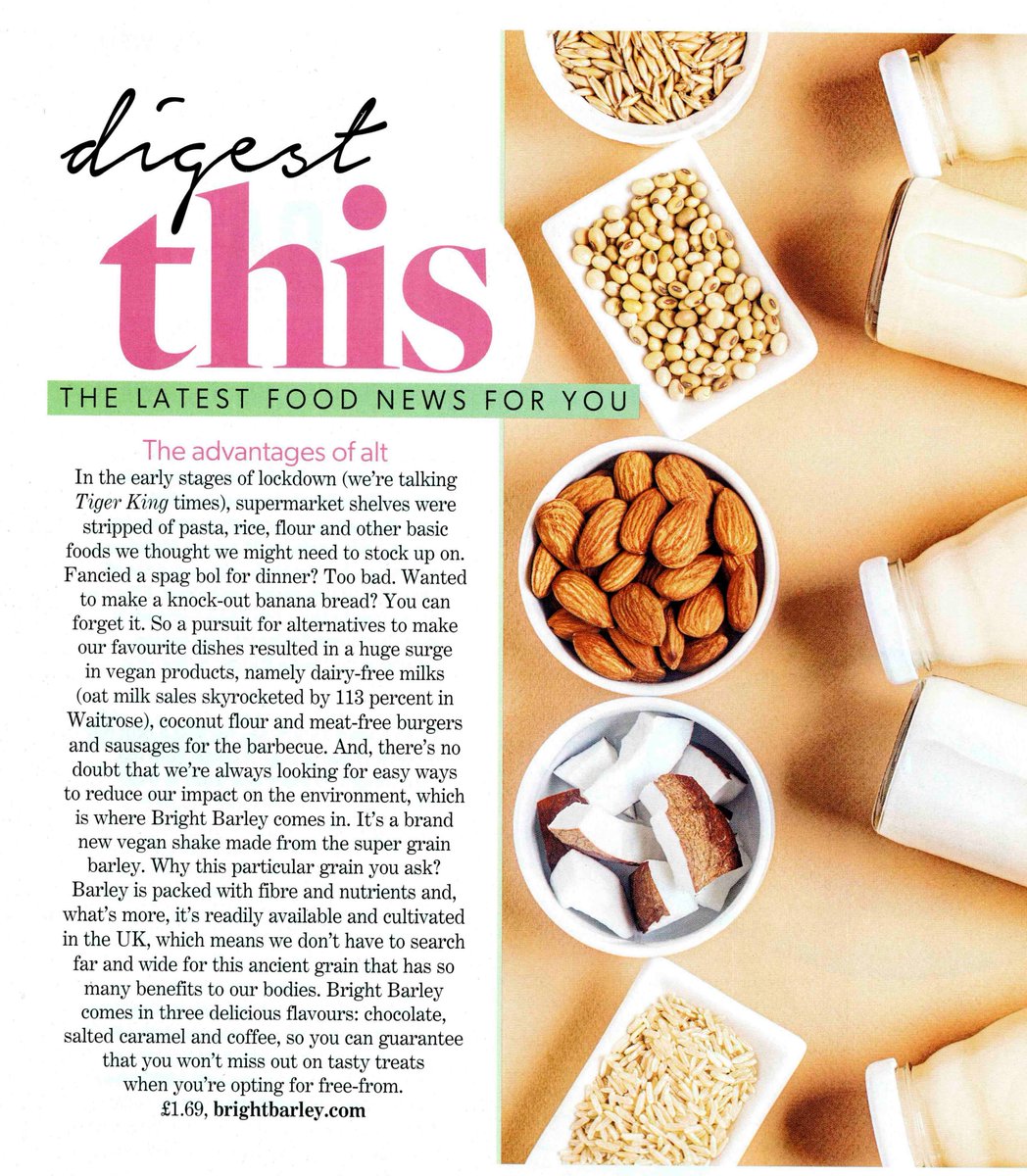 Another lovely piece on Bright Barley's new vegan shakes from Health &amp; Wellbeing mag. In Chocolate, Coffee and Salted Caramel: a low fat source of fibre, fortified with calcium and vitamins D and B12. Satiate while you hydrate.

@BrightBarley 

#vegan #barley #altmilk #plantbased