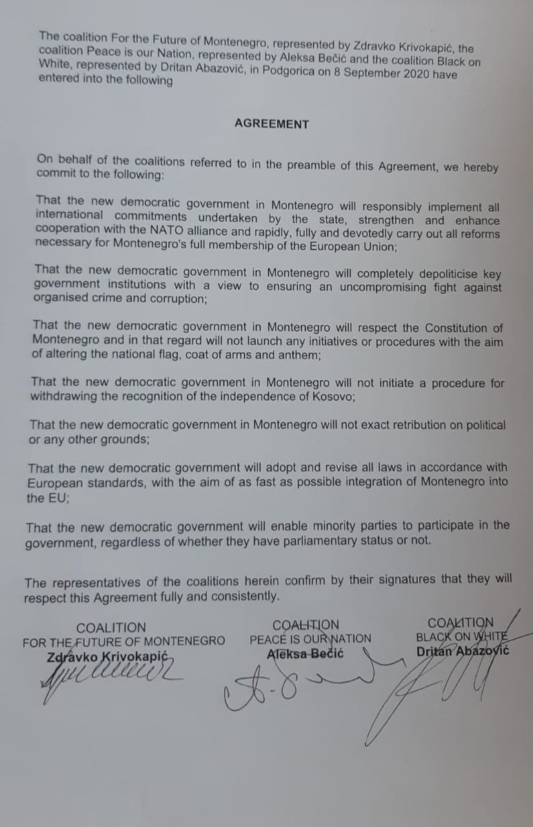 The new Government agreement in #Montenegro. One of the points is not to initiate a procedure for the withdrawing the recognition of the independence of #Kosovo.
See you tonight! https://t.co/sb6RTNd2al