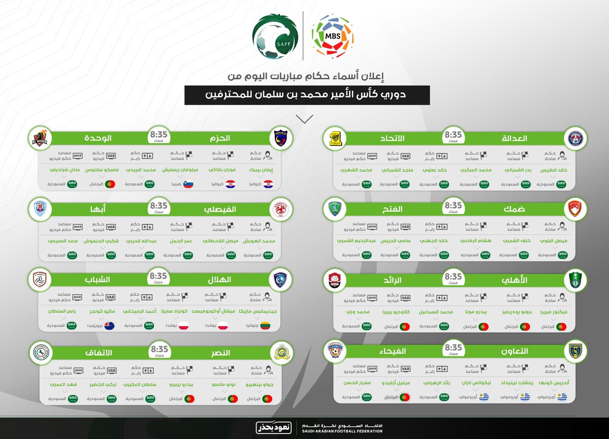 الاتحاد السعودي لكرة القدم בטוויטר أسماء حكام مباريات اليوم من دوري كأس الأمير محمد بن سلمان للمحترفين