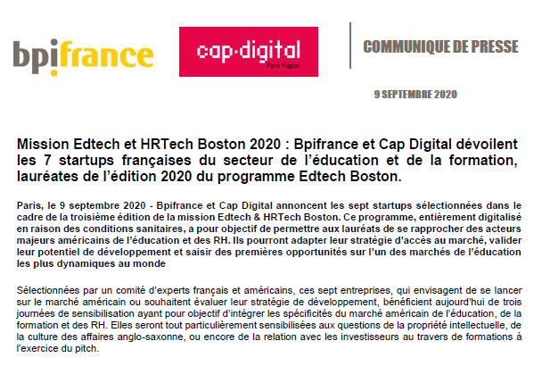 BpifrancePresse's tweet photo. Mission #Edtech et #HRTech Boston 2020 : @Bpifrance et @Cap_Digital présentent les 7 lauréats de l'édition 2020 du programme Edtech Boston 📚
👉https://t.co/ja1GnNfoWe https://t.co/yCOn5jMxX0