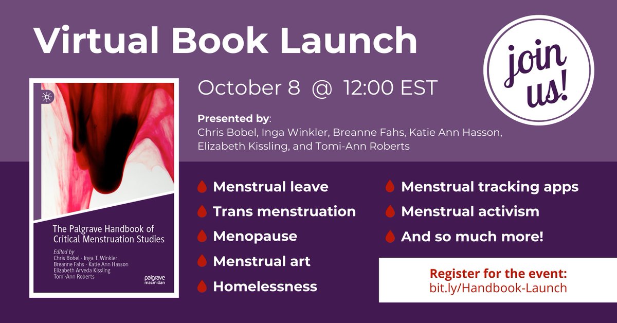 Join in for <a href="/ChrisBobel/">Chris Bobel</a> et al's book launch of Critical Menstrual Studies! Tickets and info here:
#MenstruationResearchMatters