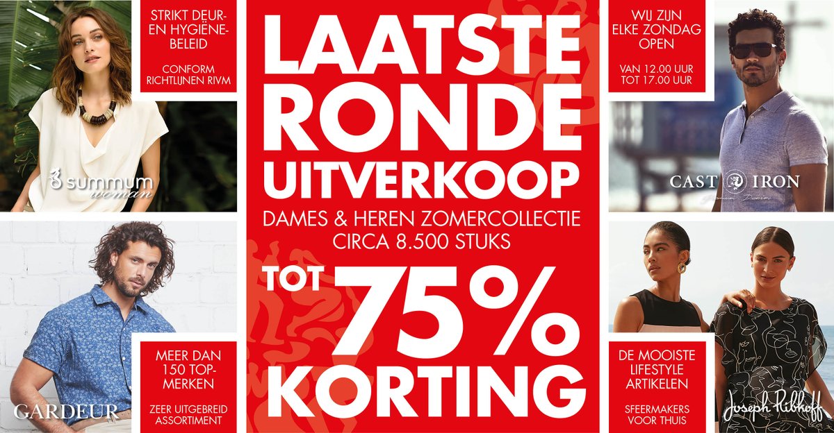 Nu in ModeMall Wilp en CityStore Den Bosch: de laatste ronde van de uitverkoop. Op de gehele dames- en heren zomercollectie kortingen tot 75%! Kom snel naar de winkels want de actie geldt niet in de webshop. pietzoomers.com
Wij volgen de richtlijnen van het RIVM