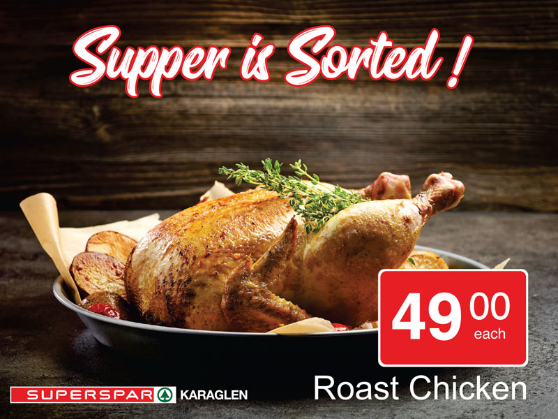 Karaglen_Spar's tweet photo. Supper is Sorted!
Grab a delicious roast chicken for only R49 each
(valid for today only and while stocks last) https://t.co/F9mblNpubm