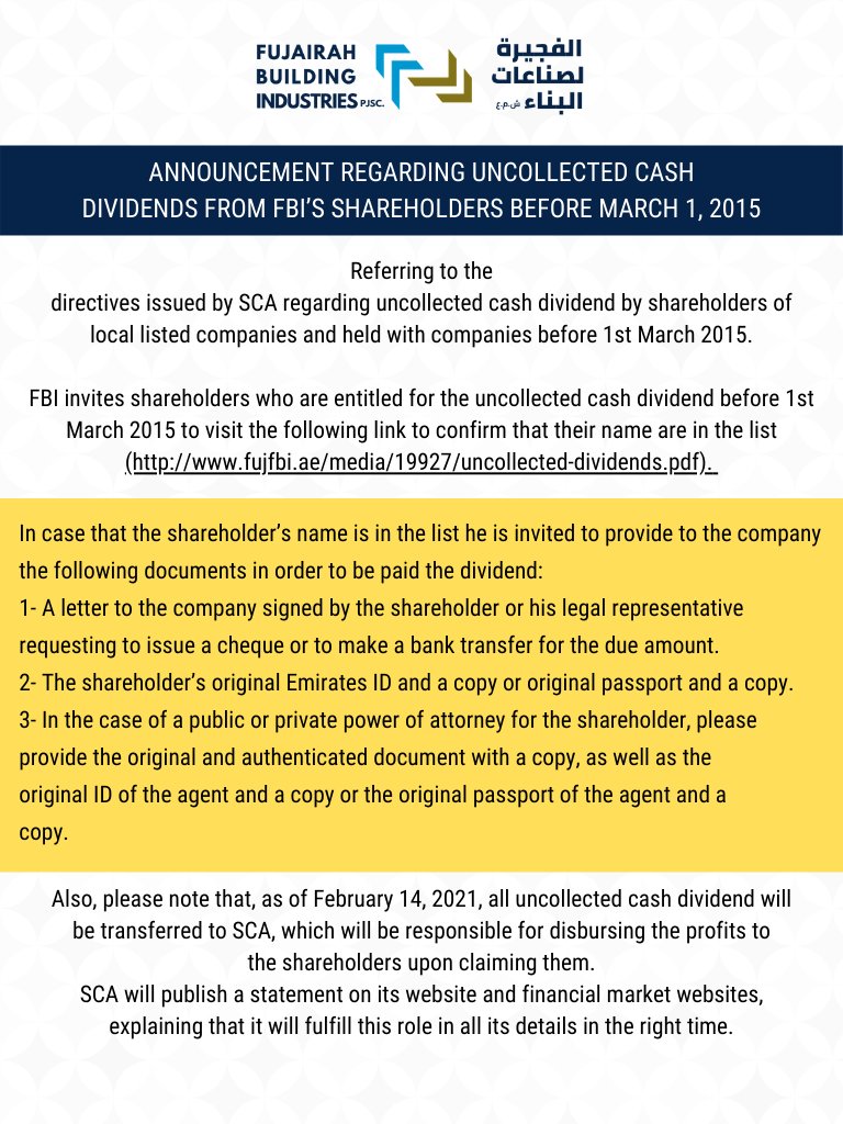 Fuj_FBI's tweet photo. Announcement regarding uncollected cash
dividends from Fujairah Building Industries PJSC shareholders before March 1, 2015
Link: https://t.co/VCzXGoC2cW https://t.co/A16PZ77UHm