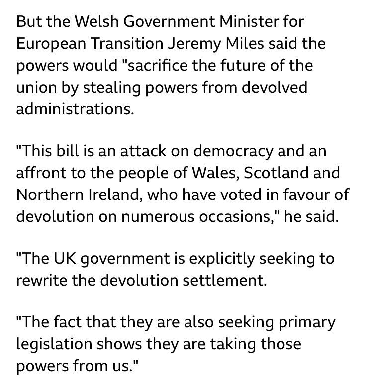 To the clash, first of all @NicolaSturgeon sees the bill as a “full frontal assault on devolution”Wales government minister  @Jeremy_Miles thinks the new powers “sacrifice the future of the union”