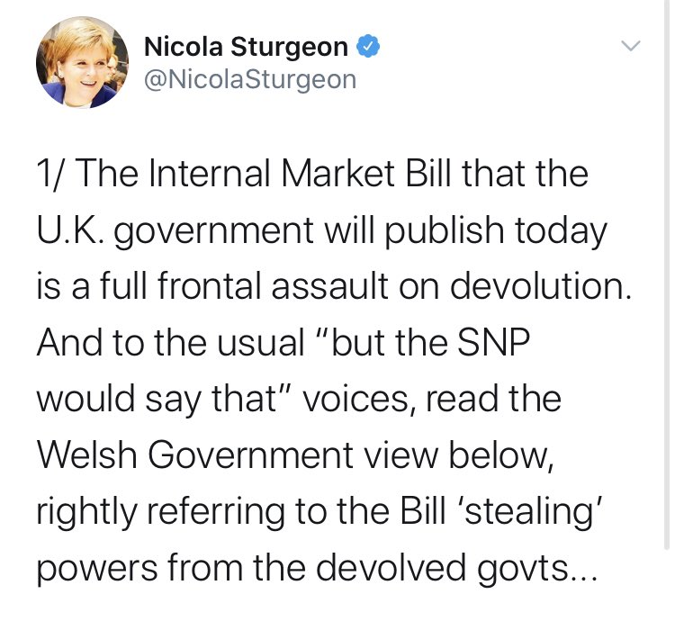 To the clash, first of all @NicolaSturgeon sees the bill as a “full frontal assault on devolution”Wales government minister  @Jeremy_Miles thinks the new powers “sacrifice the future of the union”