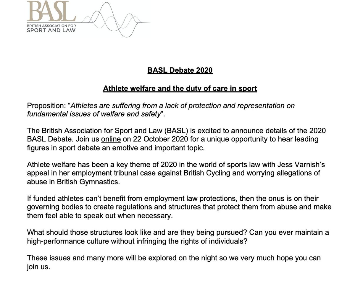 BASL Debate 2020
Athlete welfare &amp; duty of care in sport - “Athletes are suffering from a lack of protection and representation on fundamental issues of welfare and safety”. Join us online 22 Oct 2020 to hear leading figures in sport debate an emotive and important topic.