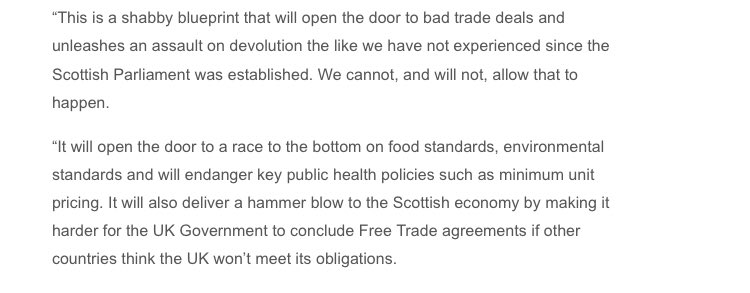 What’s that all about?The bill requires goods accepted for sale in any UK nation to be accepted across the whole UKDevolved ministers like  @feorlean fear lower quality goods could be accepted in post-Brexit trade deals and forced onto Scottish market against Holyrood’s wishes