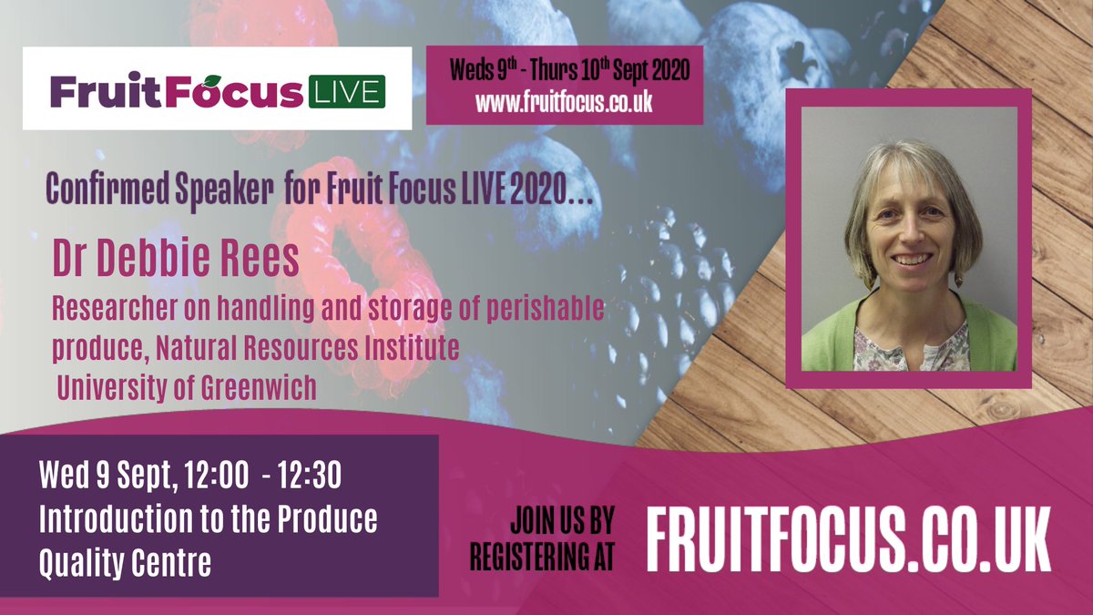 NRInstitute's tweet photo. Connect to Fruit Focus 2020 LIVE at 12.00hrs & listen to @NRInstitute's Dr Debbie Rees speaking about our Produce Quality Centre (#PQC) which focuses on research to reduce #postharvest losses & improve postharvest handling & storage of fruit and vegetables.
#NRI #FFLIVE20 https://t.co/KvAnetkwi0