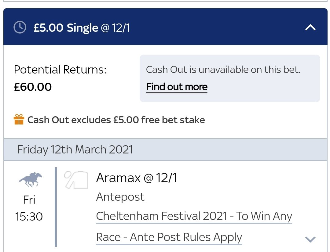 RacingSharp's tweet image. Surprise £5 free bet from SkyBet today! I was really happy with Aramax's debut run over fences earlier in the week. For that, along with him previous Cheltenham win, I'll take the punt to win any race #Aramax #Cheltenham2021