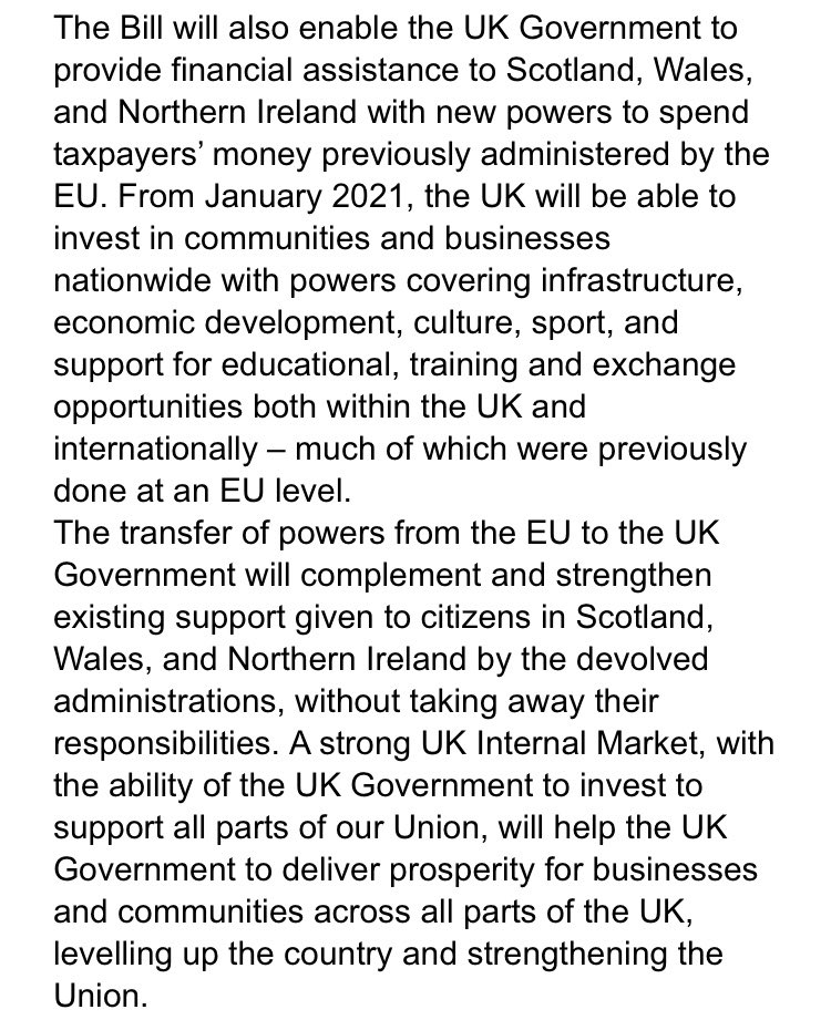 The bill will also make it possible for UK ministers to spend directly on infrastructure and other projects in devolved nationsThis is the UK’s replacement for EU structural and other support funds, which are currently channelled through the devolved governments