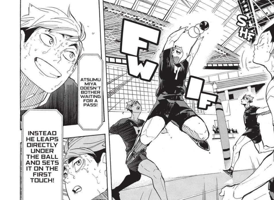 the play that preceded it was a block from tsukishima, and while akagi was ready to dig the ball, atsumu set it to osamu at first touch while he was in mid-jump. at this point, it was pretty clear that they wanted to score off the second touch through the element of surprise.