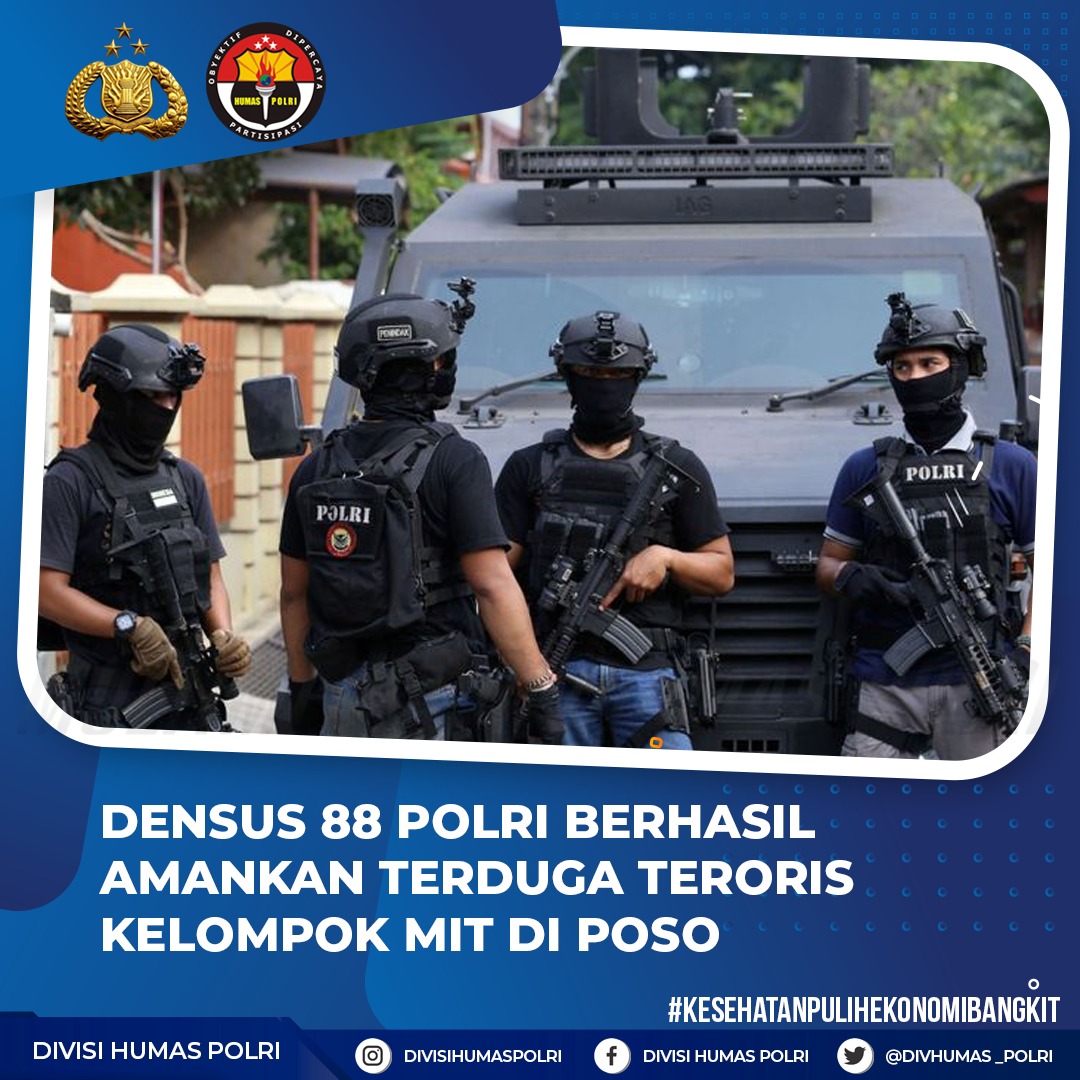 Densus 88 Antiteror Polri berhasil mengamankan satu orang terduga teroris yang masuk dalam Daftar Pencarian Orang (DPO) kelompok Mujahidin Indonesia Timur (MIT) berinisial SY di Kabupaten Poso, Provinsi Sulawesi Tengah (Sulteng).