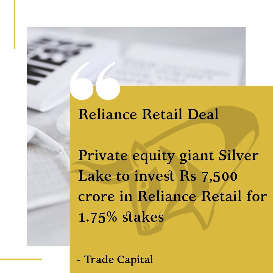 Tradecapital5's tweet photo. Reliance Industries Limited and
Reliance Retail Ventures Limited (RRVL) announced today that Silver Lake will invest F 7,500 crore into RRVL, a subsidiary of Reliance Industries. This
investment values RRVL at a pre-money equity value of 4.21 lakh crore. #StockMarket #news https://t.co/wN12wGSmsm