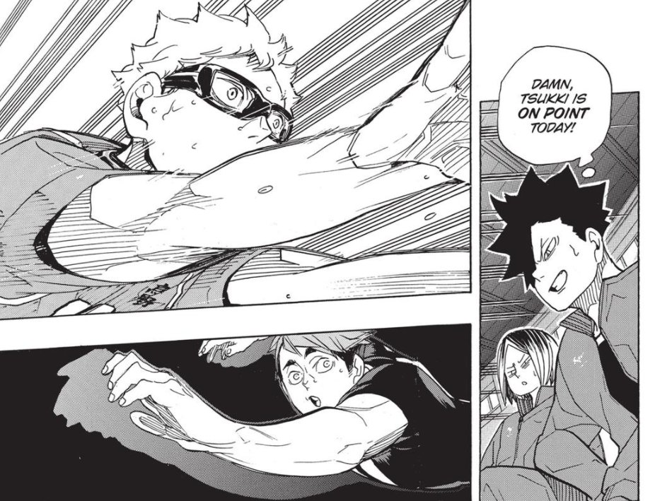 however, tsukishima read this play and osamu noticed it. given that he wouldnt be able to land a clean spike with a blocker like tsukishima in front of him, there were several options to consider: pull off a rebound, a feint, or a block-out. he did none of those three.