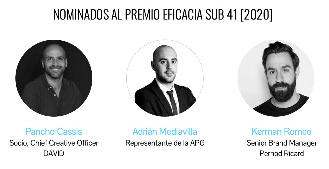 Y estos son los candidatos al Premio Eficacia Sub 41:

🔷Pancho Cassis @panchocassis, de <a href="/weareDAVIDmad/">DAVID Madrid</a>
🔷Adrián Mediavilla, de @APGSpain_ 
🔷Kerman Romeo, de <a href="/Pernod_RicardES/">Pernod Ricard España</a>

¡Enhorabuena a todos los nominados! 🥳

|| Más info aquí 👉🏽 rwhy.es/3m2GguX