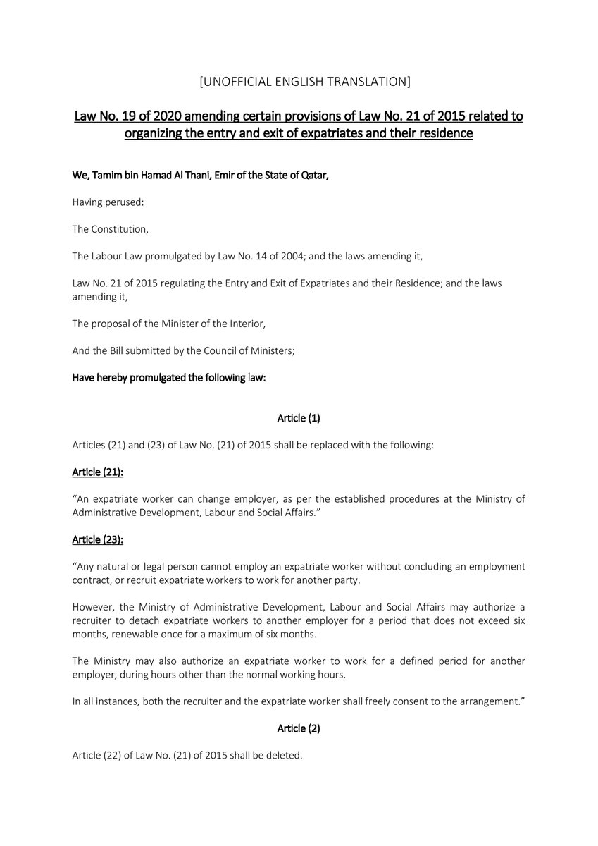 ILOQatar's tweet photo. Now in force in Qatar - Law No. 19 removing No Objection Certificate requirement to change jobs https://t.co/Roj5efz88o @ADLSAQa @Houtan_ILO https://t.co/oSzaXB302I