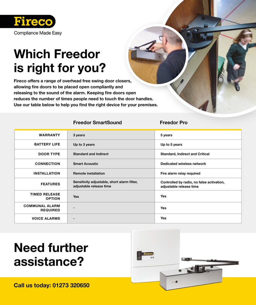 Fireco's tweet photo. We have a range of products suitable for different door types, meaning you can hold-open your doors compliantly in each area of your building! Use our matrix to see which is best for you or to find out more, click the link https://t.co/uMyjKoyay2 #FireSafety https://t.co/iGqqwZu0Xq