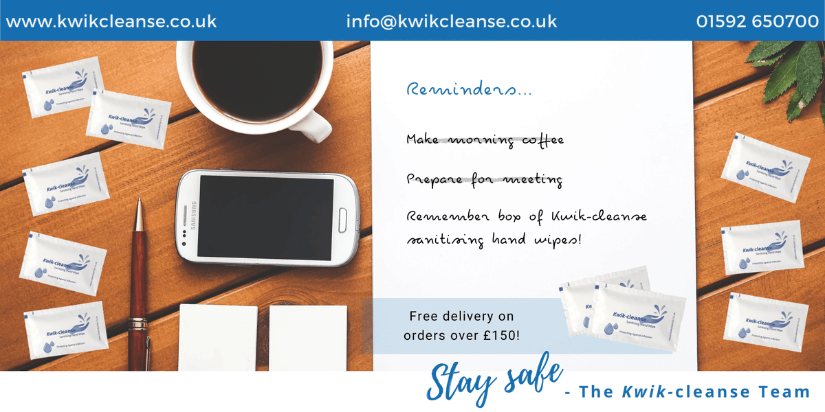 KwikCleanse's tweet photo. Keep your hands &amp; the surfaces you touch clean with our sanitising wipes! Each box contains 150 individually-wrapped wipes meaning you can keep them on your desk, in your bag, or even in your pocket: https://t.co/NWA5hepTZO.

#backtowork #GBmfg #ukmanufacturing #SMEUK #UKHashtags https://t.co/WR3HLk07QJ