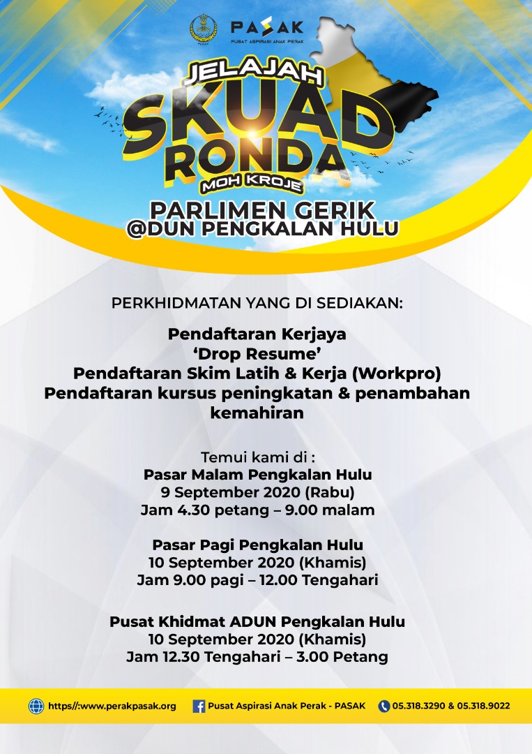 perakpasak's tweet photo. PROGRAM JELAJAH KERJAYA SKUAD RONDA ‘MOH KROJE’ PARLIMEN GERIK @ DUN PENGKALAN HULU

Jom sebarkan!

#SKUADRONDA #Gerik #DunPengkalanHulu #DropResume #WorkPro #MohKroje #JelajahKerjaya #PASAKPerak #JawatanKosong #Perak #Malaysia #PerakBebasCovid #KitaJagaKita https://t.co/1EKTIgJfPG